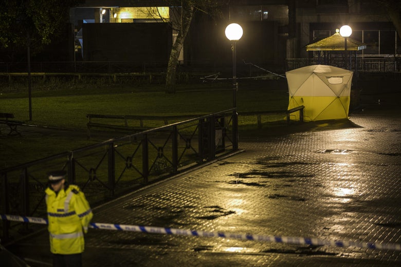 A forensic tent around a bench where Sergei Skripal was found unconscious in Salisbury, England.